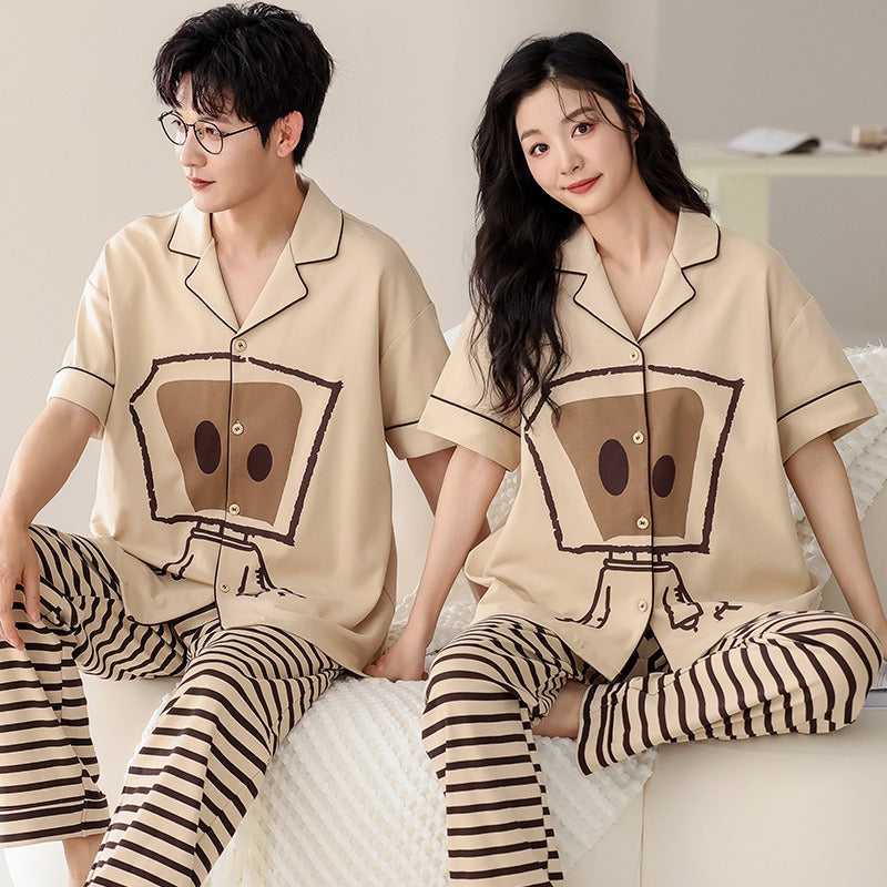 Summer short sleeved couple pajamas pure cotton women's home clothing casual and wearable set