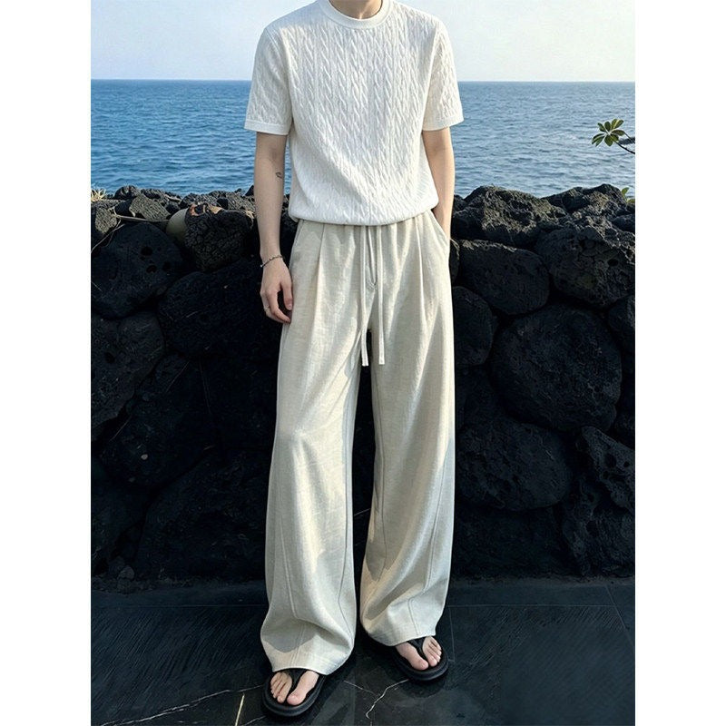 Linen-look Slash Pants for Men,High-Waisted Wide Leg Tapered Trousers