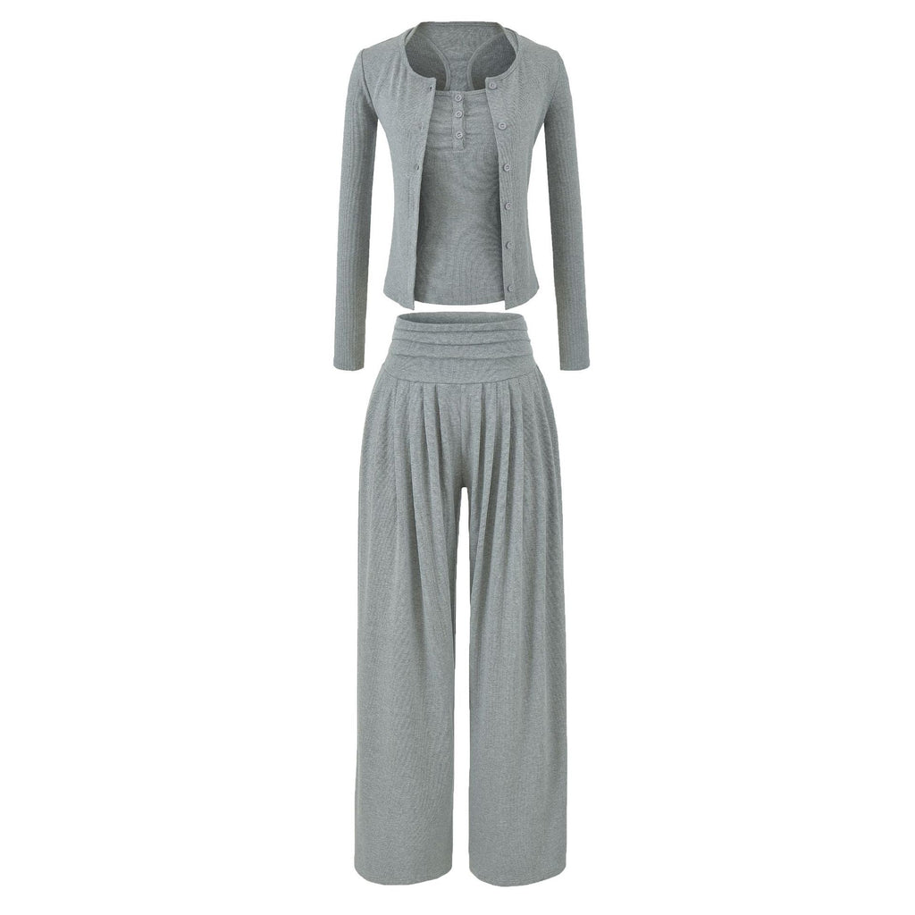 Women's Crop Racerback Button Vest &amp; Drape Wide Leg Pants Two Piece Set