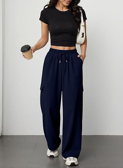 Women's High Waist Wide Leg Cargo Jogger Pants with Pockets