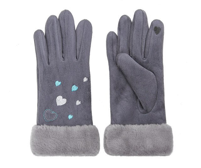 Women'S Gloves Winter Warm Color Suede Five Fingers Gloves Cute With Embroidered Heart Autumn Plus Velvet Thick Touch Screen