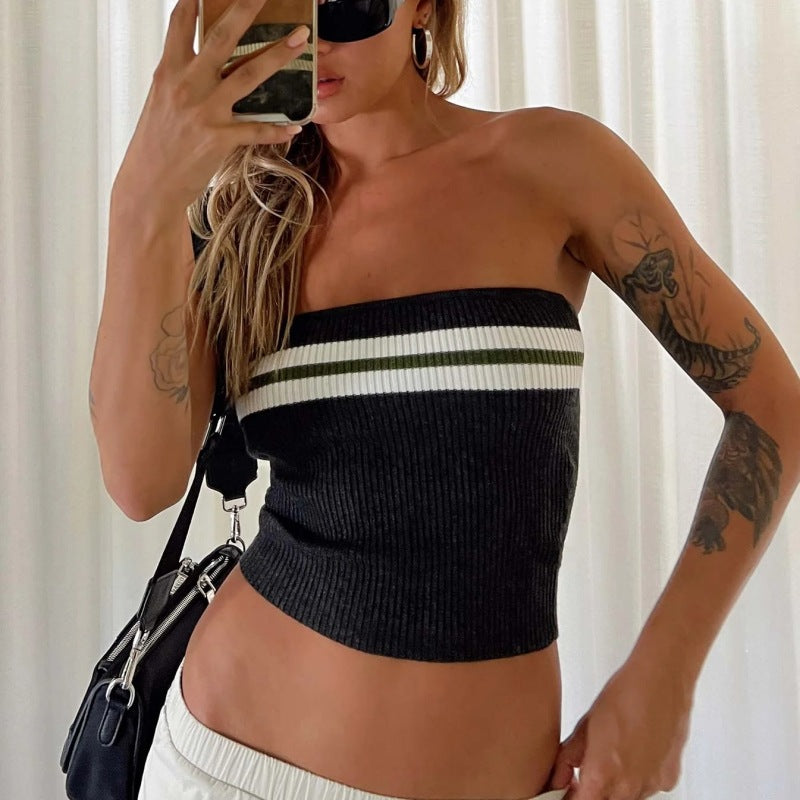 Women's Color Block Stripe Tube Top Spicy Girl Fitted Outerwear