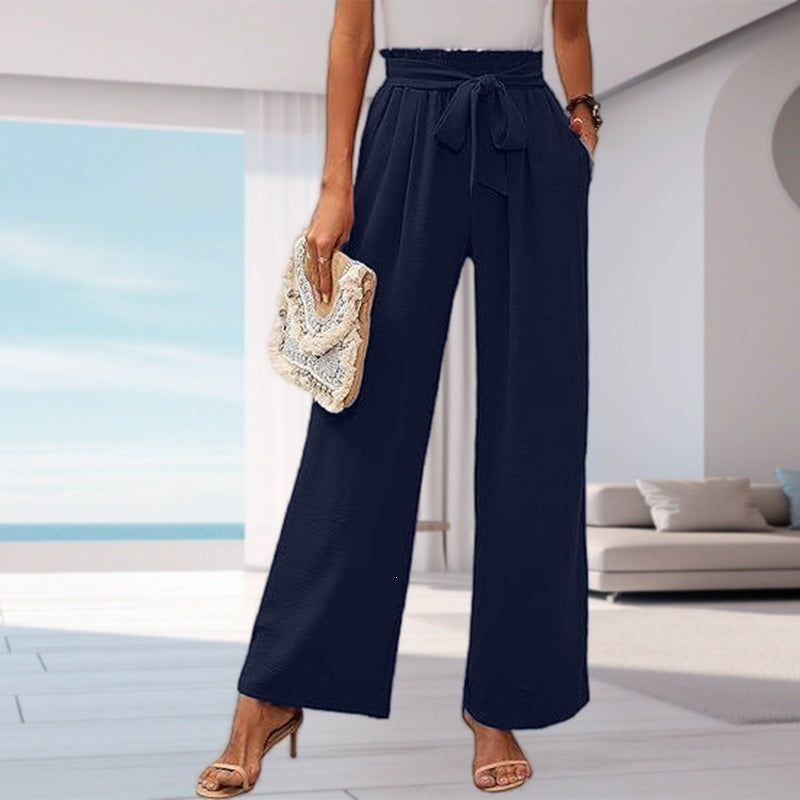 Women's solid color pocket high waist wide leg pants
