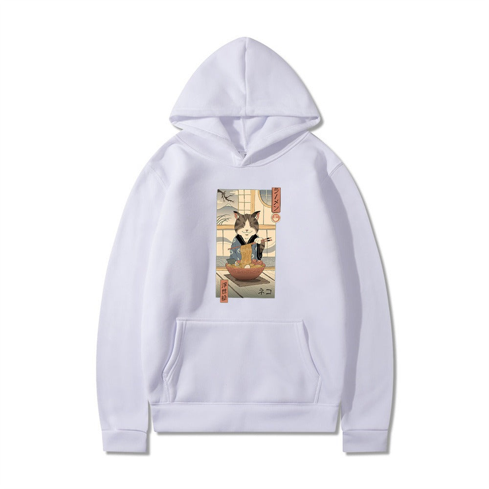 Samurai Cat Harajuku Wind Adventure Illustration Print Leisure Life Hooded Hoodie for Men and Women