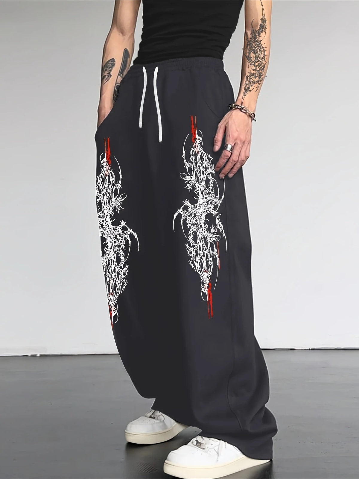 Dark Gothic Print Loose Wide Leg Drawstring Sweatpants