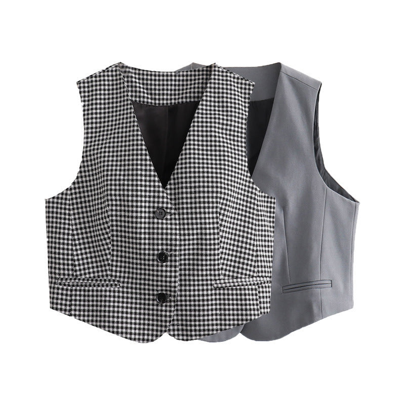 Women's plaid V-neck short slim fit cardigan vest vest for women