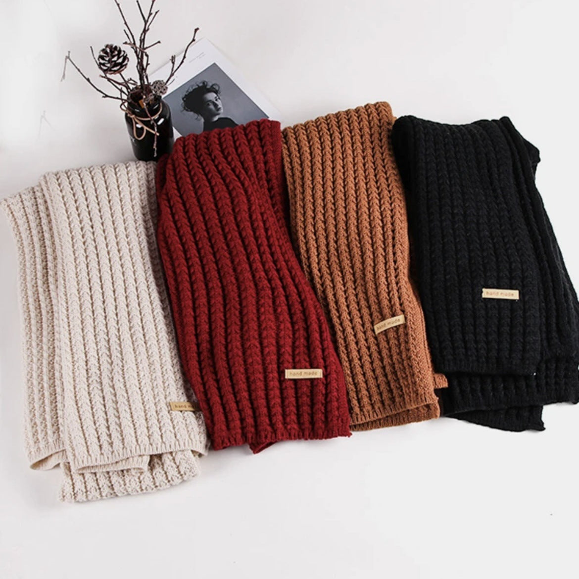 Autumn and winter neck scarf shawl, warm solid color knitted thick scarf