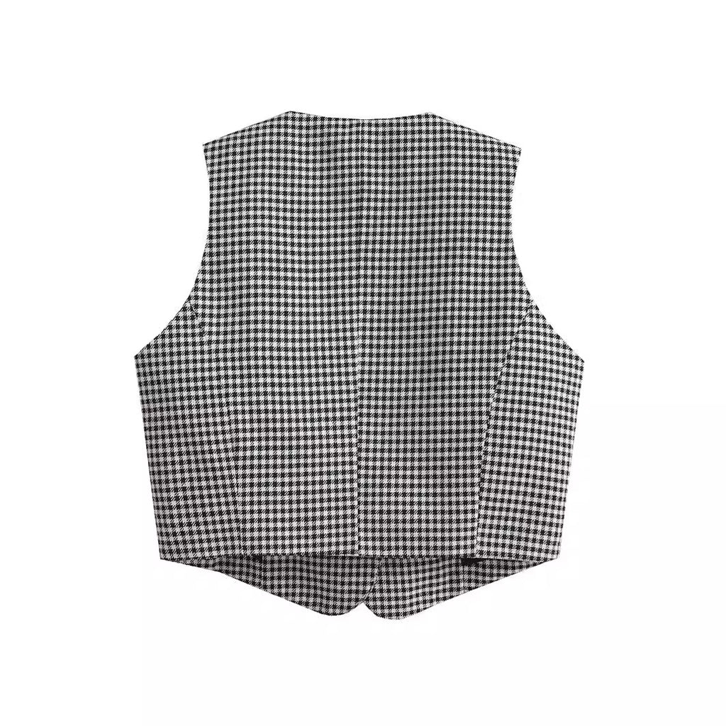 Women's plaid V-neck short slim fit cardigan vest vest for women