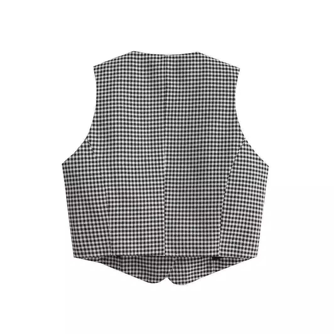 Women's plaid V-neck short slim fit cardigan vest vest for women