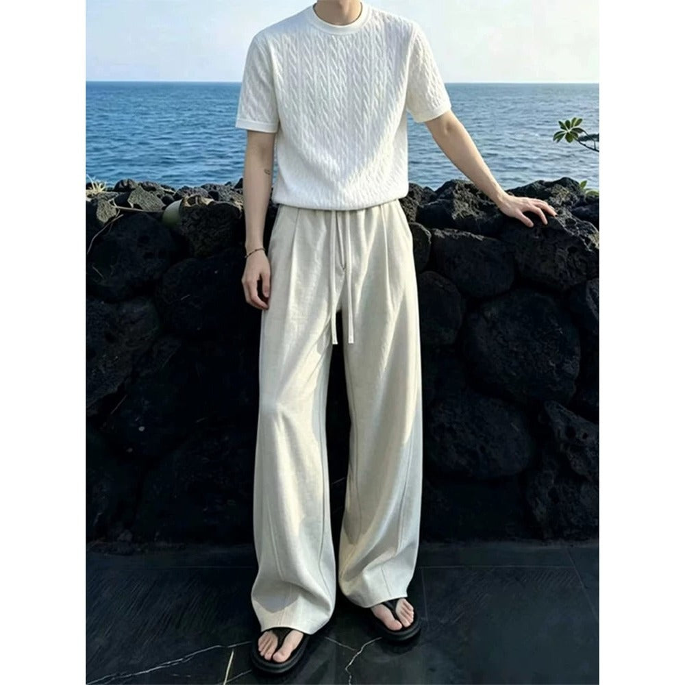 Linen-look Slash Pants for Men,High-Waisted Wide Leg Tapered Trousers