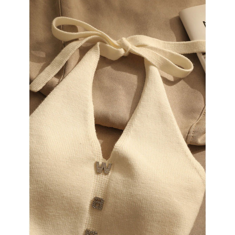 Suspended top for women's summer wear with a beautiful back and slim fit design Off the shoulder short knit vest