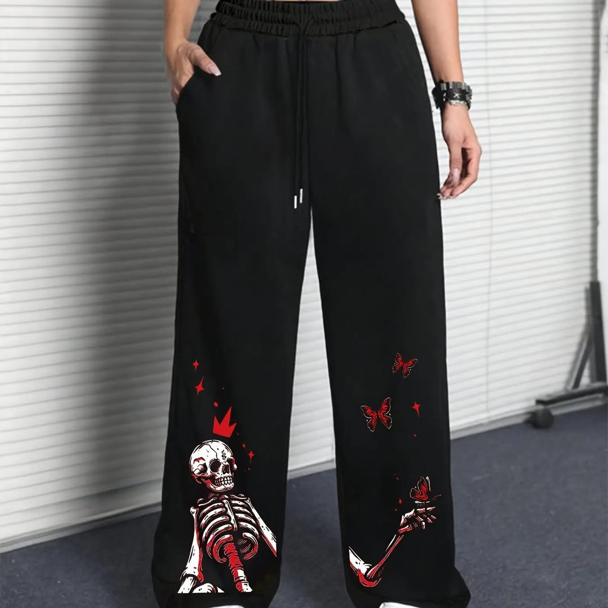 Women's Casual Gothic Skull Print High Waist Adjustable Drawstring Wide Leg Pants