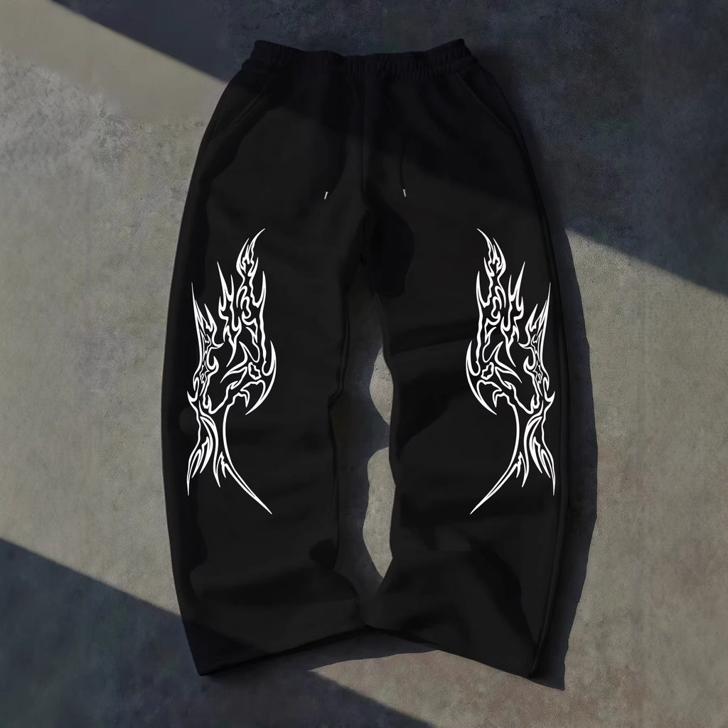 Gothic Print Wide Leg Drawstring Sweatpants