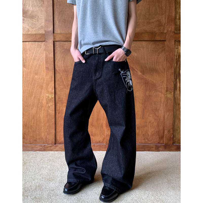 Men's American Style Black Knife-Edge Jeans High Street Cool and Fashionable Design Long Pants