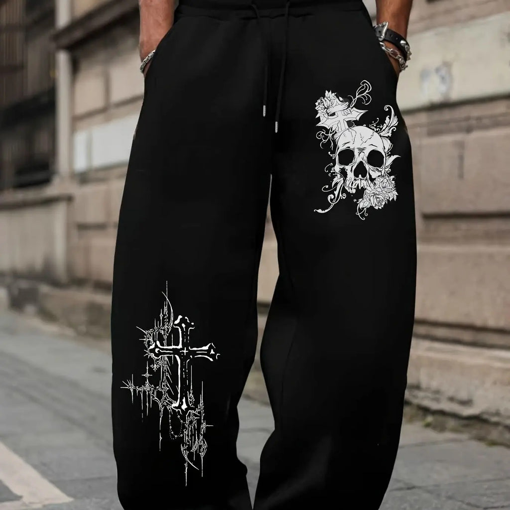 Women's Casual Gothic Skull Print High Waist Adjustable Drawstring Wide Leg Pants
