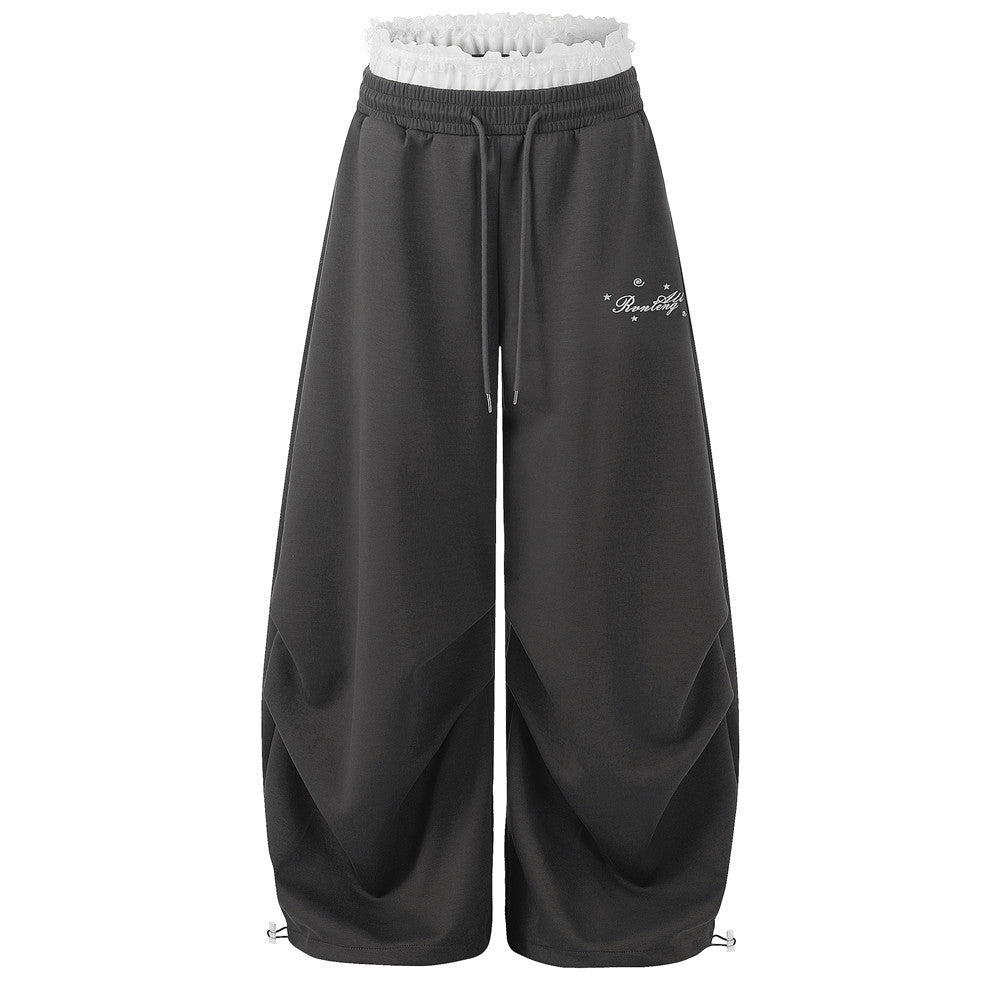 Fake two pairs of pants loose wide leg curved knife pants