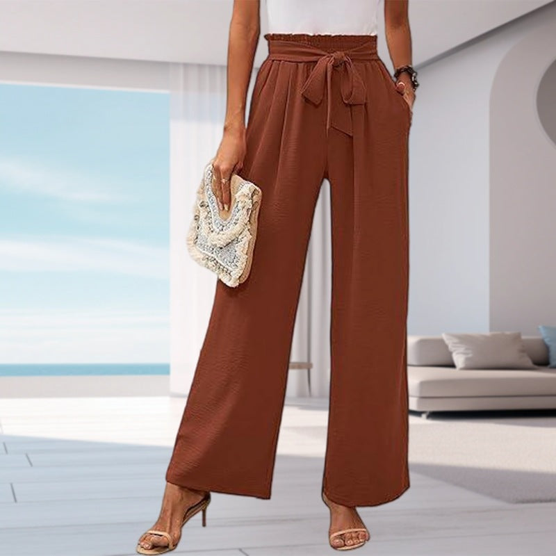Women's solid color pocket high waist wide leg pants