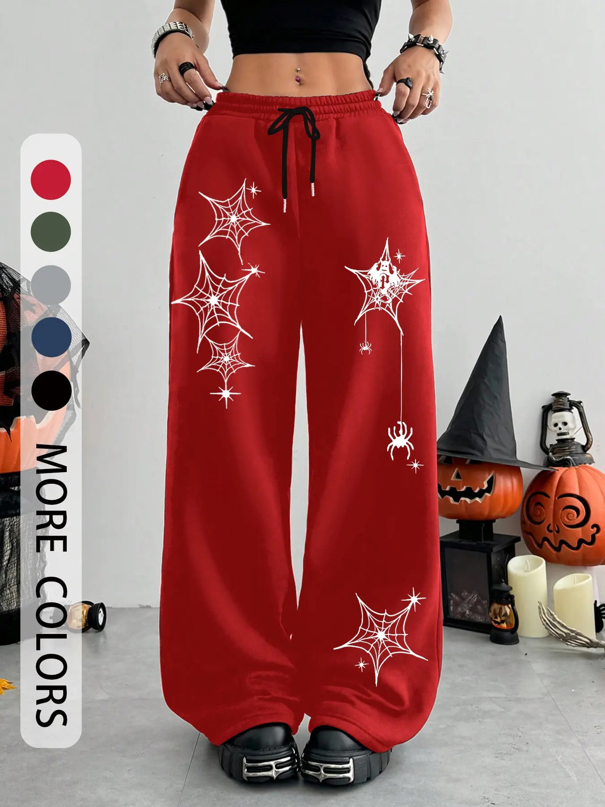 Dark Gothic Skull Print Loose Wide Leg Drawstring Sweatpants