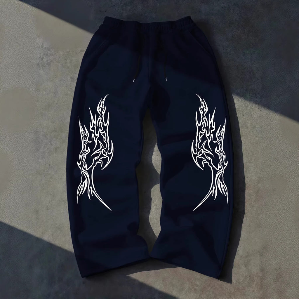 Gothic Print Wide Leg Drawstring Sweatpants
