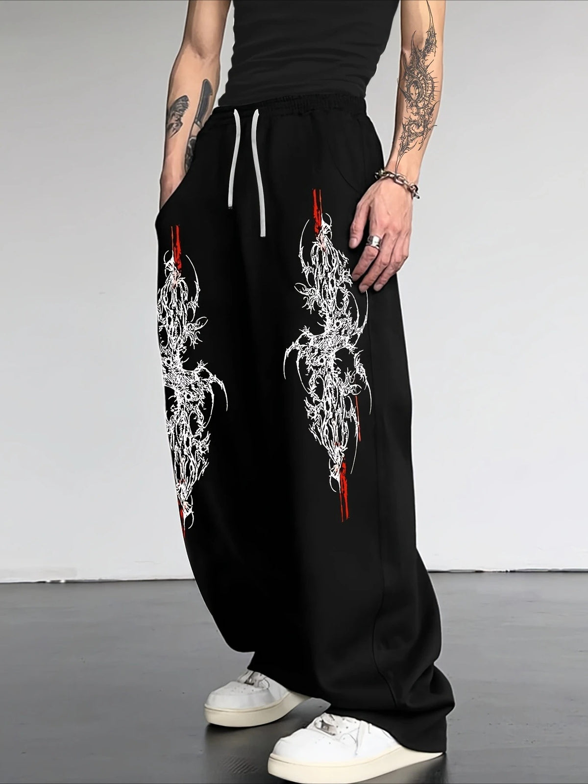 Dark Gothic Print Loose Wide Leg Drawstring Sweatpants