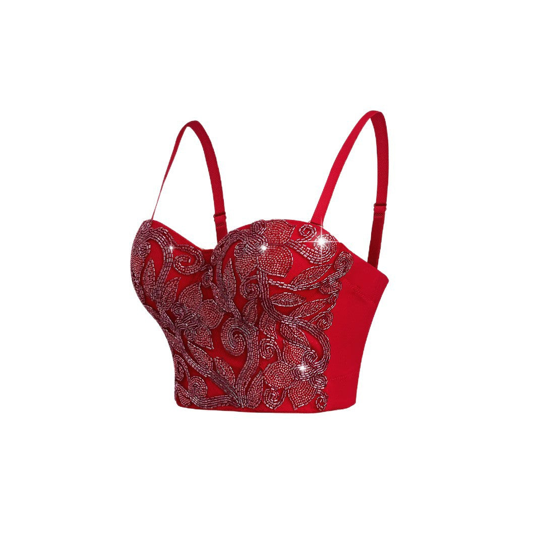 Elastic Red Bone Chest Support Sequin Embroidered Strap Camisole