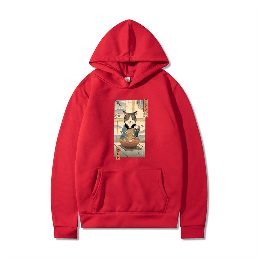 Samurai Cat Harajuku Wind Adventure Illustration Print Leisure Life Hooded Hoodie for Men and Women