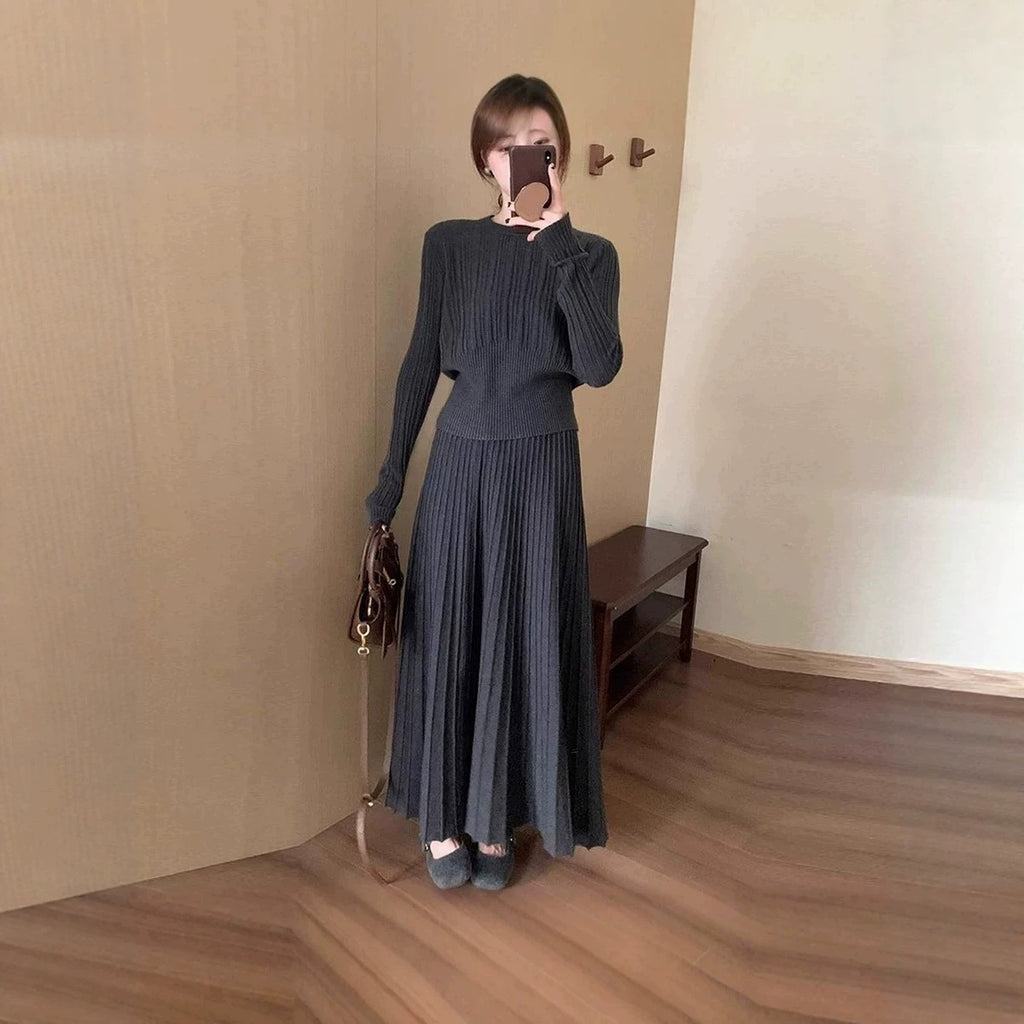 Knit Two-Piece Set Dress, Waist-Cinching Relaxed Fit Long Dress for Women