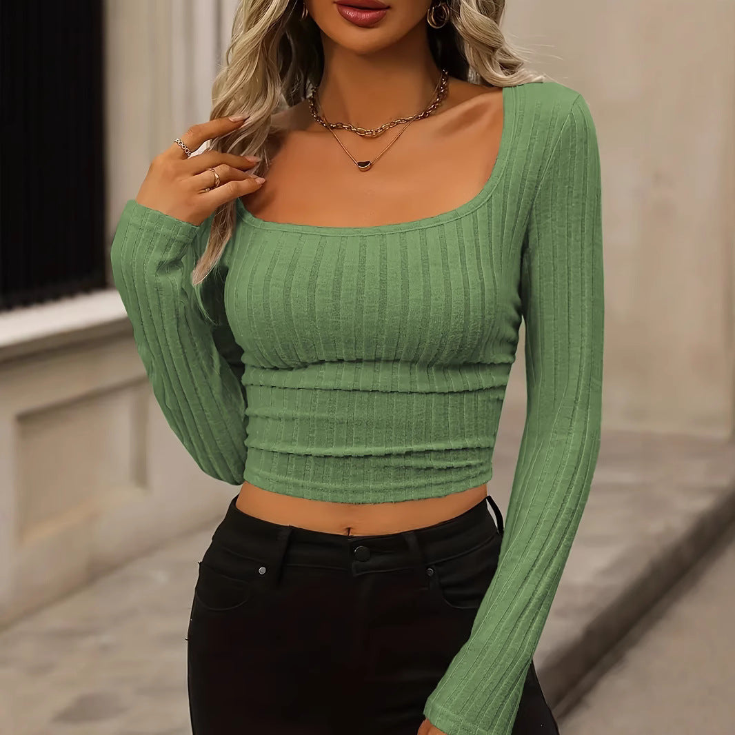 Daily Solid Color Fleece Ribbed Texture Knitted Pleated Side Slim Fit T-Shirt