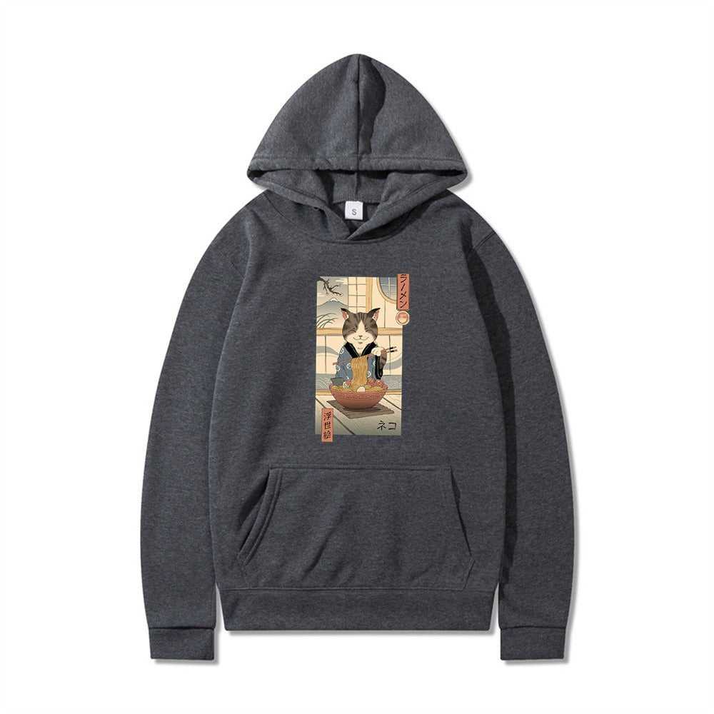 Samurai Cat Harajuku Wind Adventure Illustration Print Leisure Life Hooded Hoodie for Men and Women