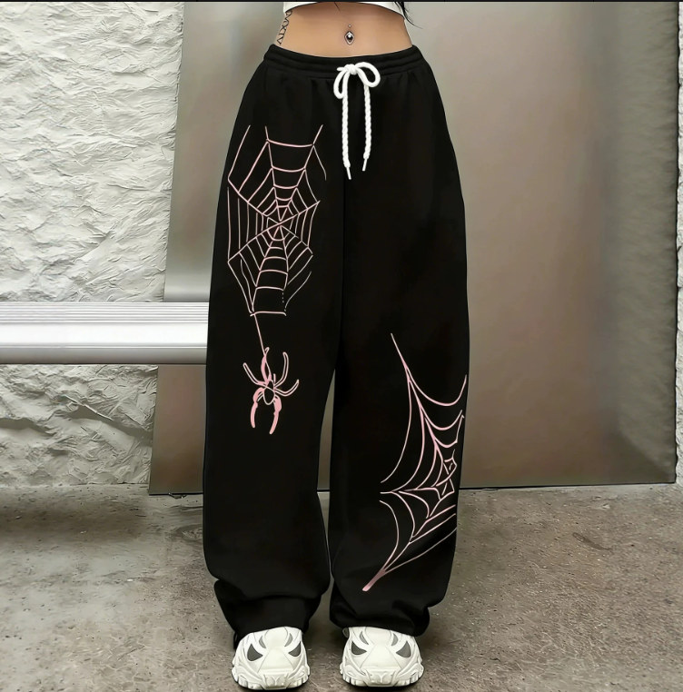 Dark Gothic Spider Print Wide Leg Sweatpants with Drawstring
