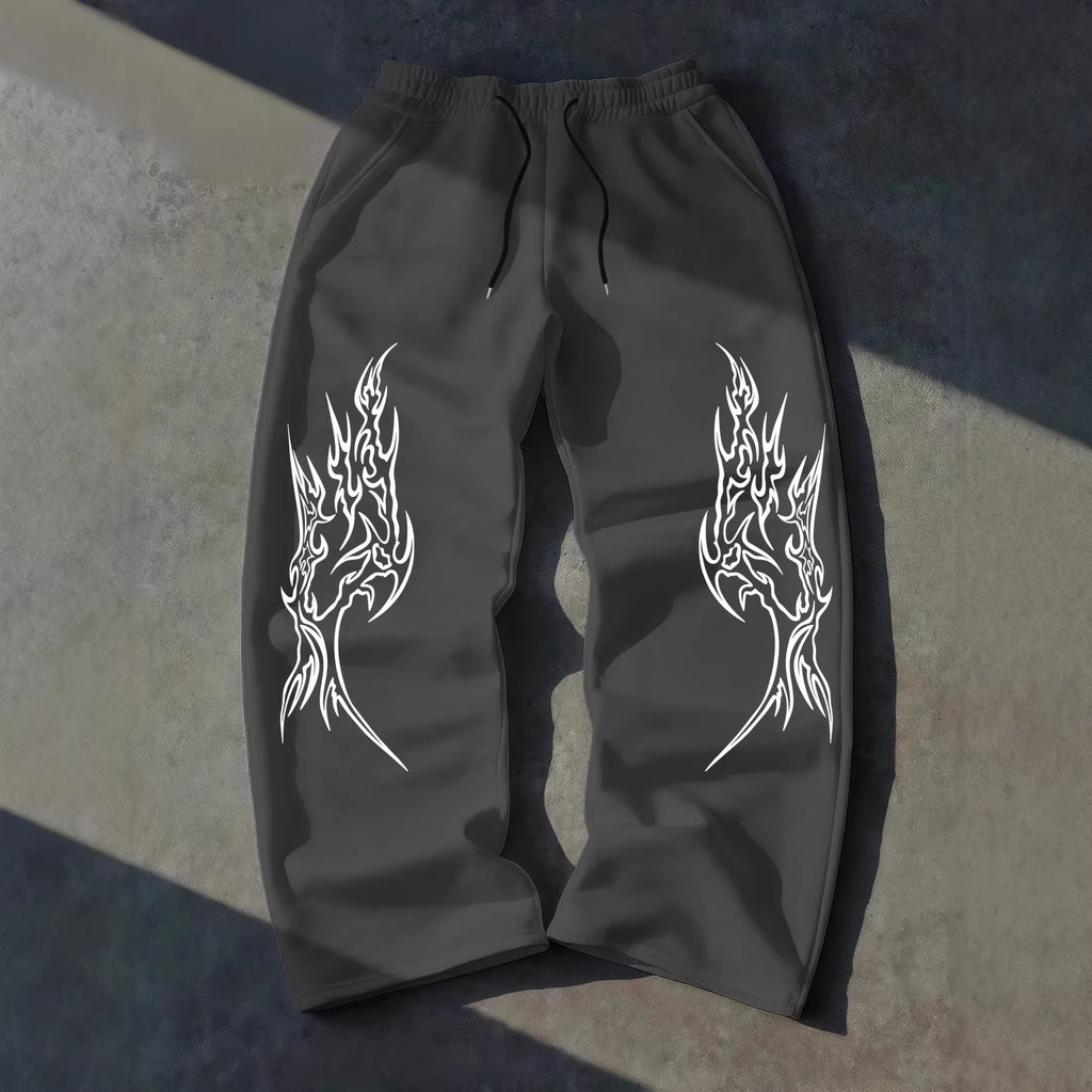 Gothic Print Wide Leg Drawstring Sweatpants