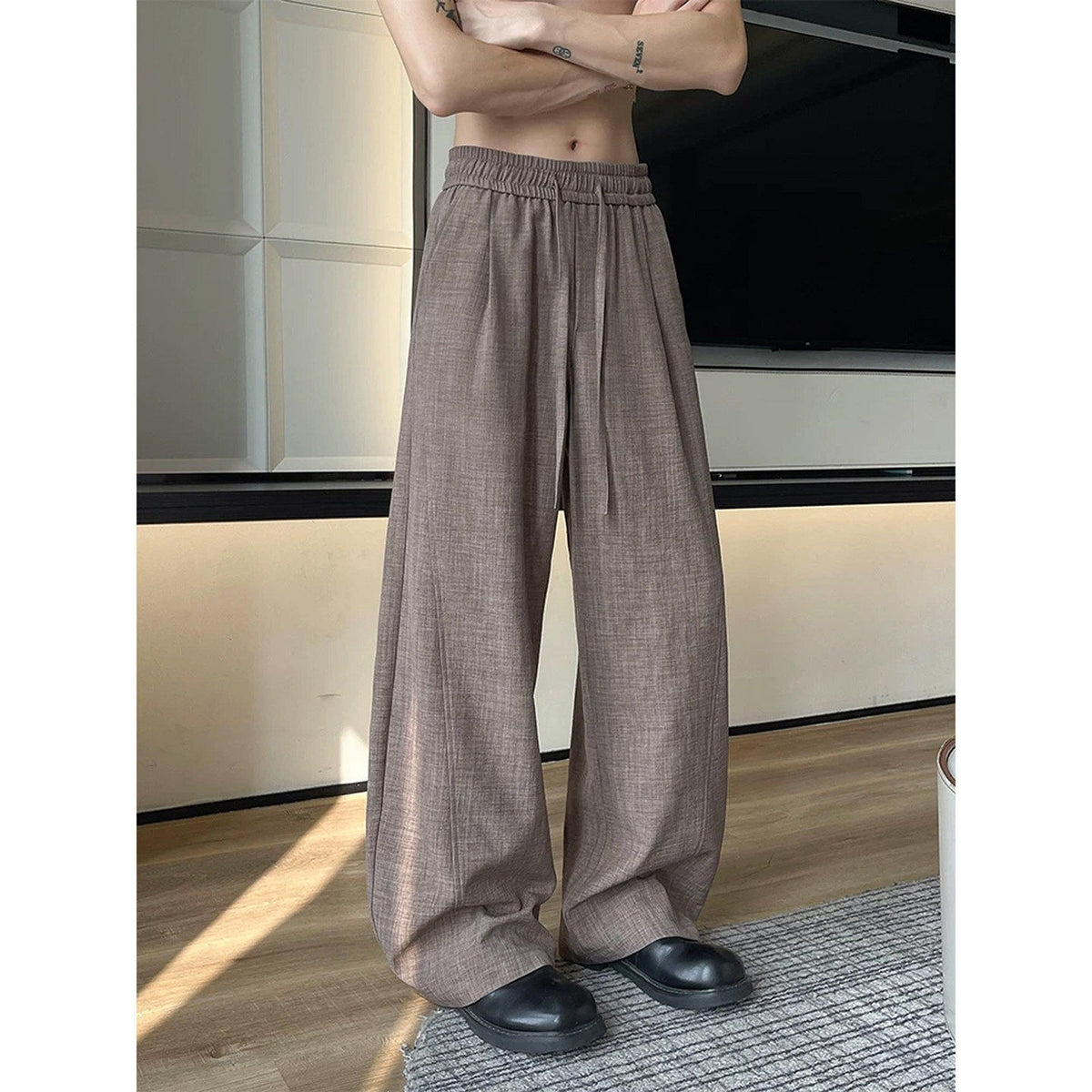 Linen-look Slash Pants for Men,High-Waisted Wide Leg Tapered Trousers