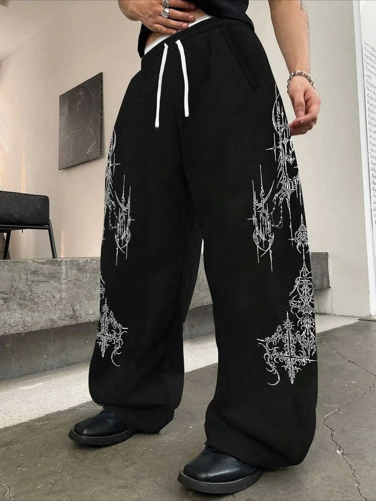 Dark Gothic Gun Print Loose Wide-Leg Drawstring Unisex Sweatpants