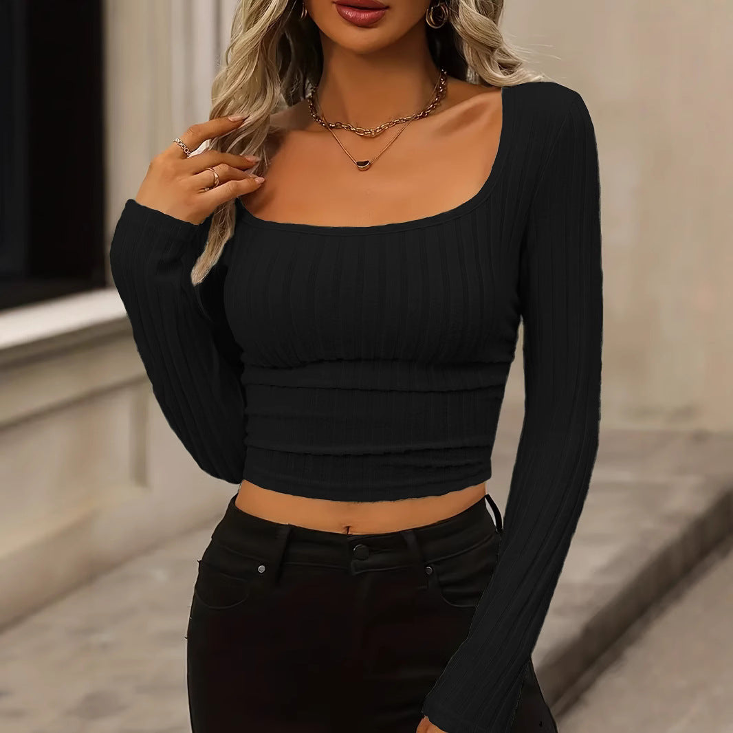 Daily Solid Color Fleece Ribbed Texture Knitted Pleated Side Slim Fit T-Shirt