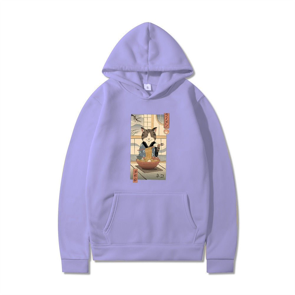 Samurai Cat Harajuku Wind Adventure Illustration Print Leisure Life Hooded Hoodie for Men and Women