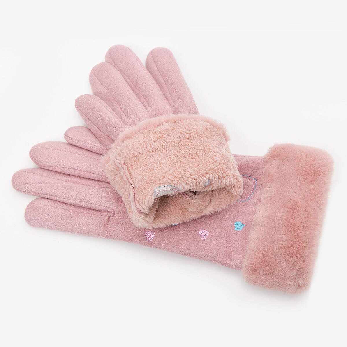 Women'S Gloves Winter Warm Color Suede Five Fingers Gloves Cute With Embroidered Heart Autumn Plus Velvet Thick Touch Screen