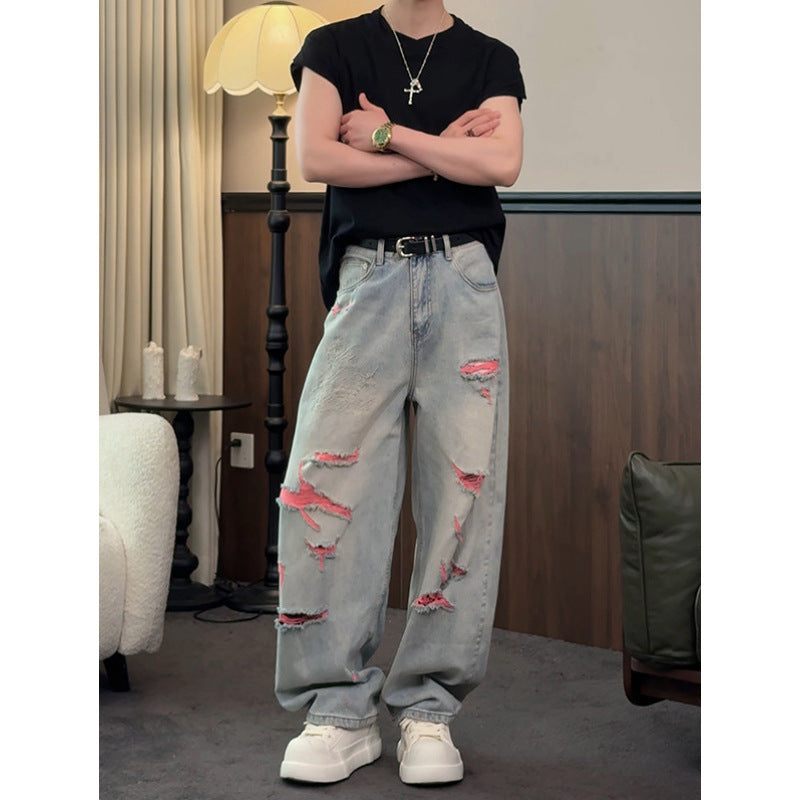 Casual Vintage Street Style Washed Denim Pants for Men, Loose Fit, Fashionable and Versatile Straight Leg Jeans