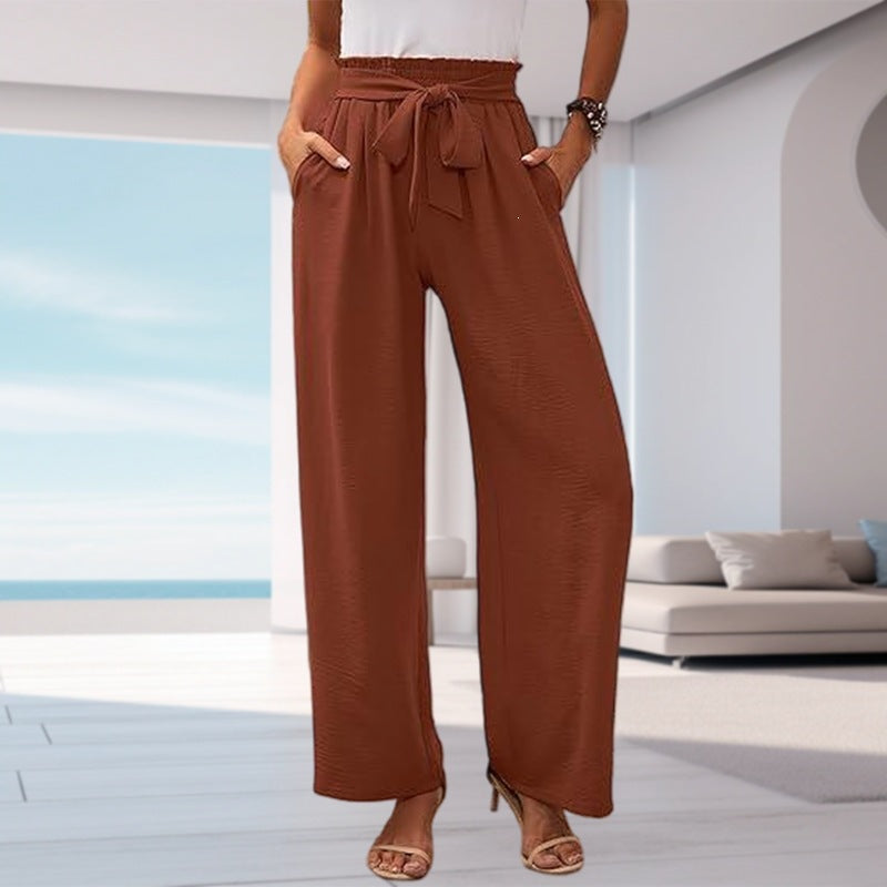 Women's solid color pocket high waist wide leg pants