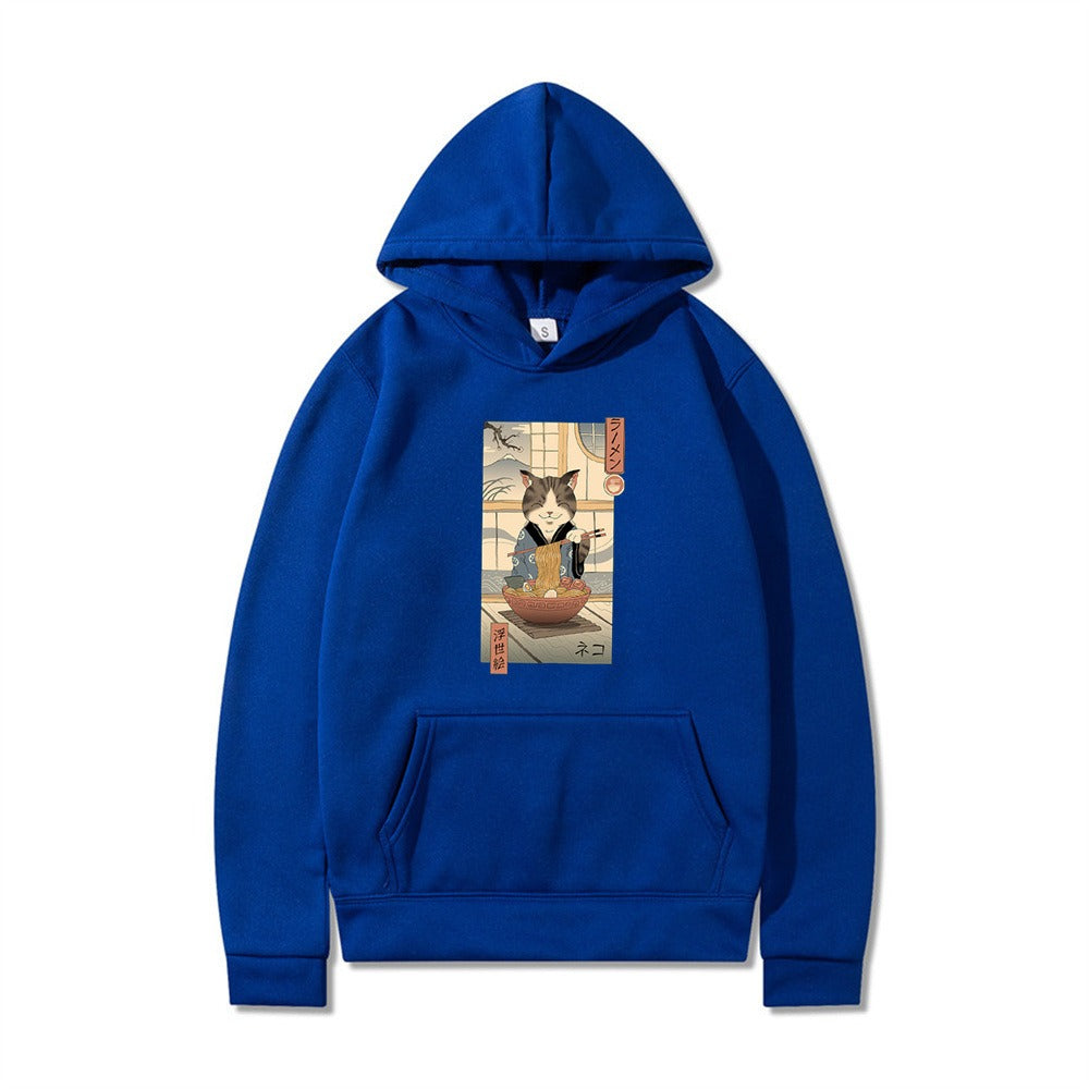 Samurai Cat Harajuku Wind Adventure Illustration Print Leisure Life Hooded Hoodie for Men and Women