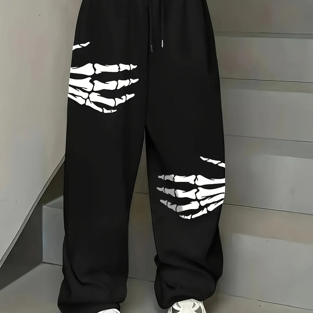 Women's Casual Gothic Skull Print High Waist Adjustable Drawstring Wide Leg Pants